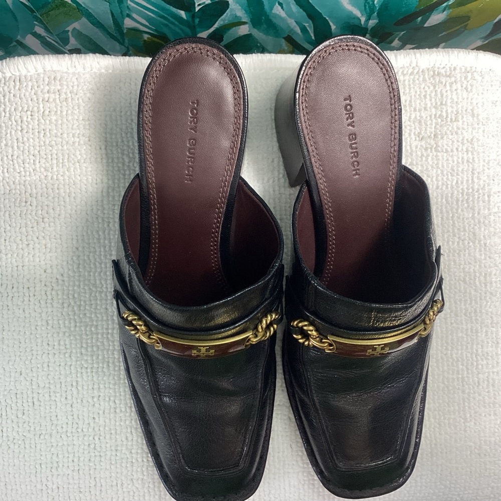Tory Burch Black Leather Mules with Gold Accent